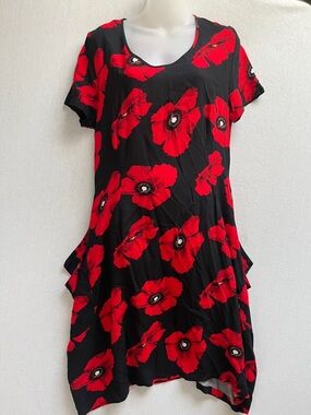 Molly N Red Floral Lagenlook Parachute Midi Dress Pockets Sz 14 NZ/ Sz 10 US